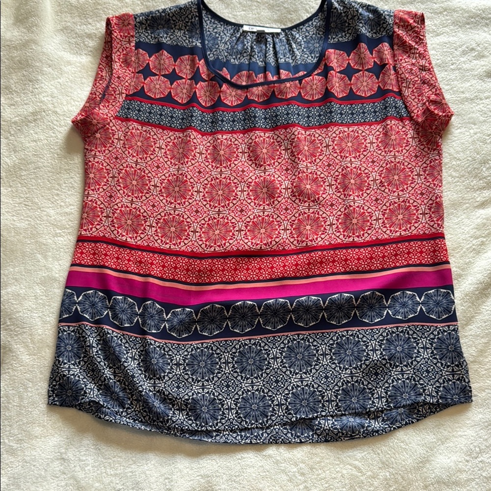 DR2 Blue and Red Cap Sleeve Graphic Blouse